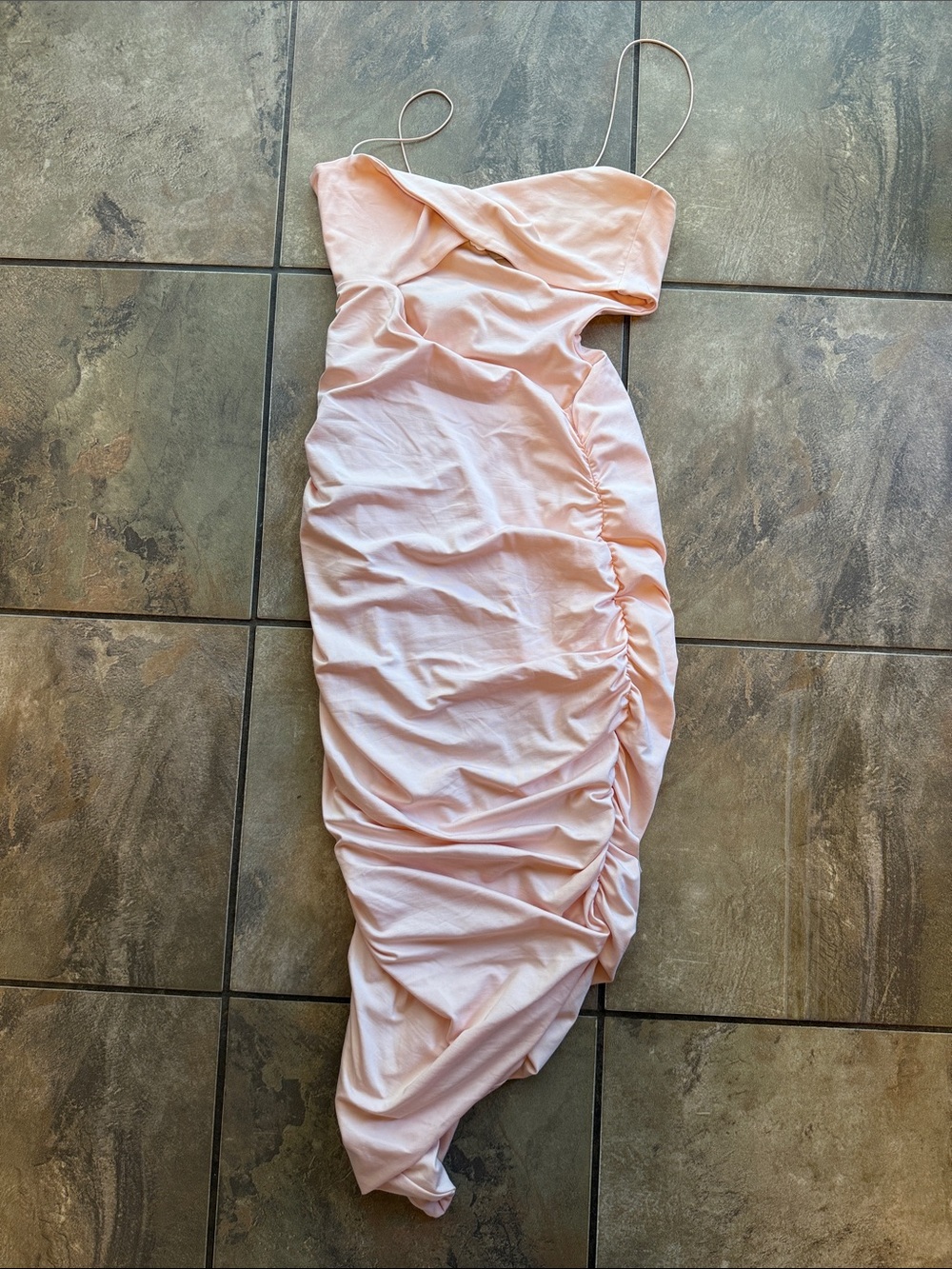 Spaghetti strap Ruched Pink Midi Dress